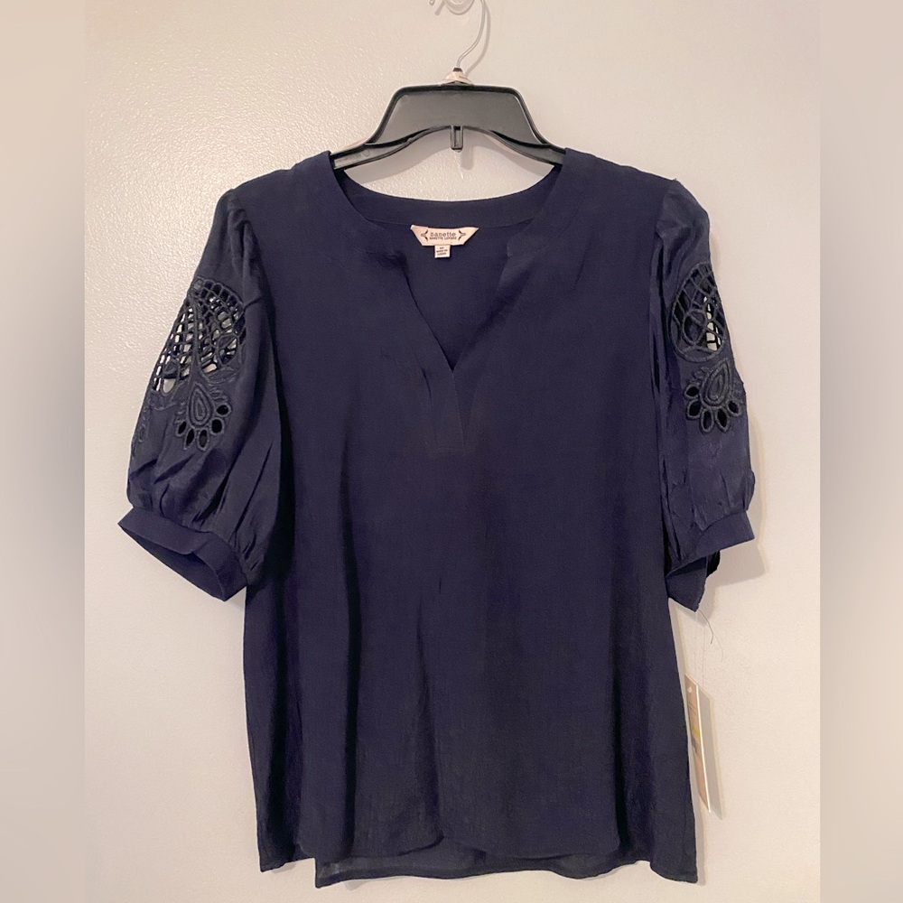 Women’s Navy Blouse from Nanette with Lace Sleeve Detail